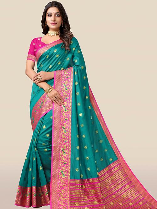 teal colored bordered saree with blouse - 20349300 - Very Small Image - 1