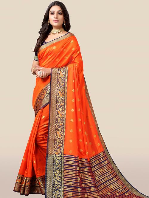 orange self design bordered saree - 20349303 - Very Small Image - 1