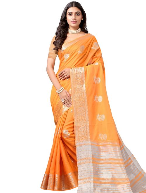 orange self design bordered saree with blouse - 20349306 - Very Small Image - 1