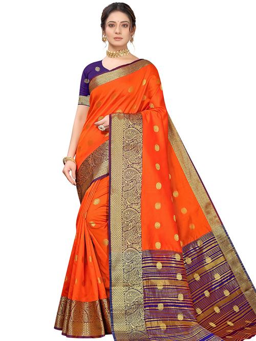 orange self design bordered saree with blouse - 20349333 - Very Small Image - 1