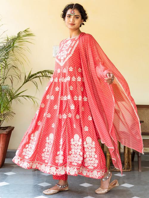 coral three quarter sleeve kurta dupatta set - 20349680 - Very Small Image - 1