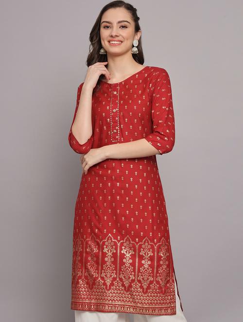 maroon foil print straight kurta - 20349981 - Very Small Image - 1