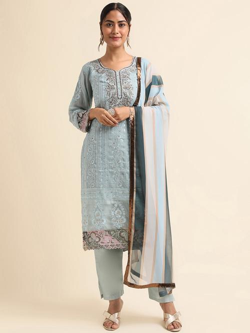 embroidered semi-stitched suit set - 20350590 - Very Small Image - 1