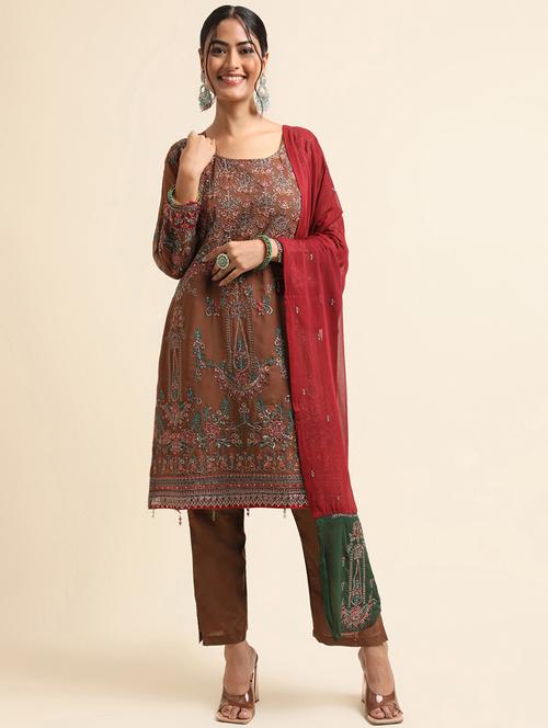embroidered semi-stitched suit set - 20350591 - Very Small Image - 1