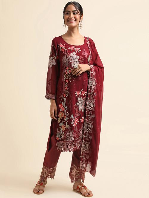 embroidered semi-stitched suit set - 20350593 - Very Small Image - 1