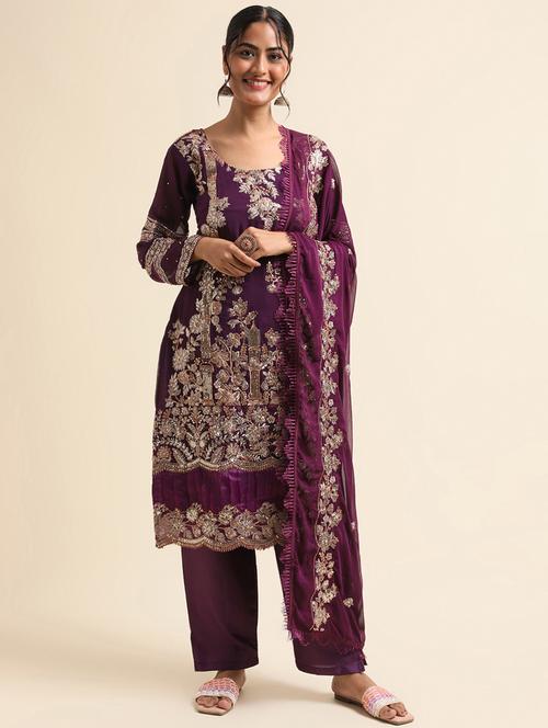 embroidered semi-stitched suit set - 20350596 - Very Small Image - 1