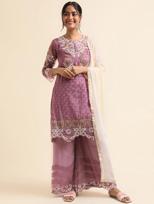 embroidered semi-stitched suit set - 20350598 - Very Small Image - 1