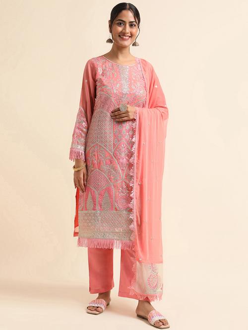 embroidered semi-stitched suit set - 20350600 - Very Small Image - 1
