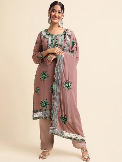 embroidered semi-stitched suit set - 20350605 - Very Small Image - 1