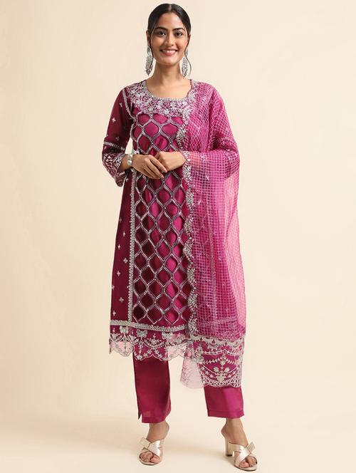 embroidered semi-stitched suit set - 20350741 - Very Small Image - 1