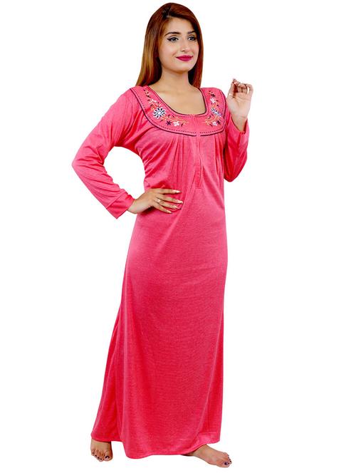 pink solid with work long sleeves nighty - 20354541 - Very Small Image - 1