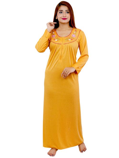 yellow solid with work long sleeves nighty - 20354542 - Very Small Image - 1