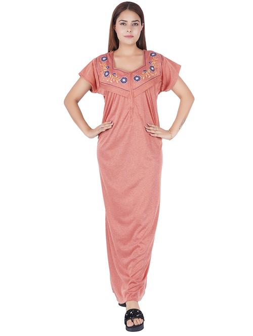 beige solid with work short sleeves nighty - 20354551 - Very Small Image - 1