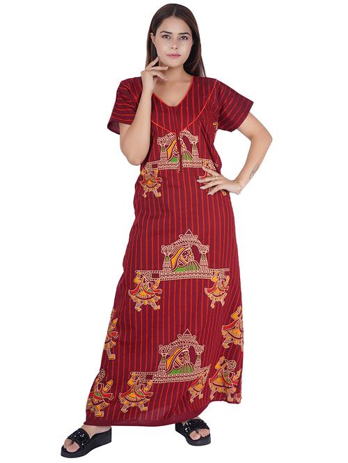 maroon printed short sleeves nighty - 20354560 - Very Small Image - 1