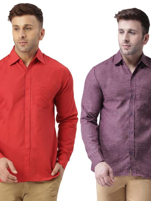 men pack of 2 solid and self designed cotton casual shirt - 20355602 - Very Small Image - 1