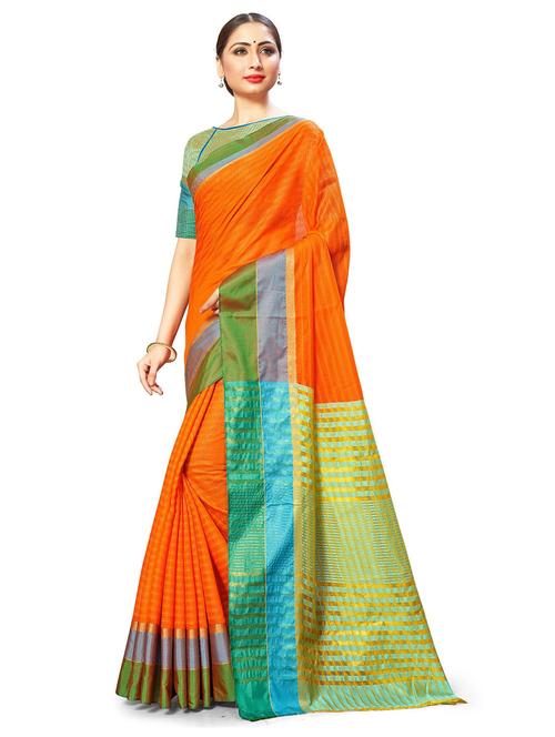 women orange stripes bordered saree with blouse - 20357523 - Very Small Image - 1