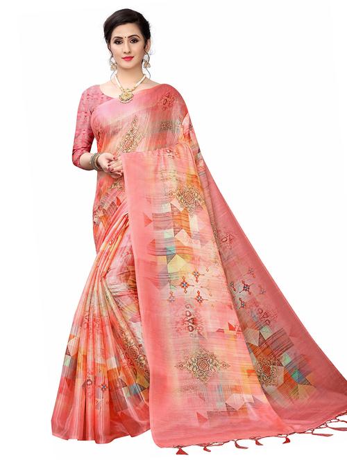 pink colored printed saree with blouse - 20357549 - Very Small Image - 1