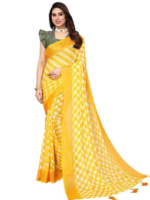 yellow colored printed saree with blouse - 20357594 - Very Small Image - 1