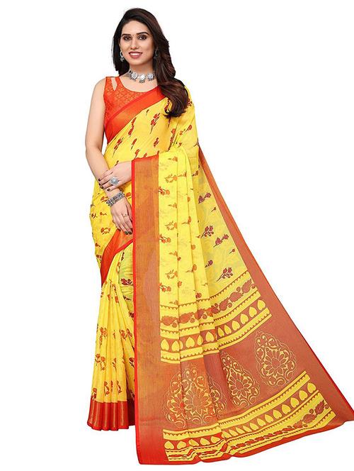 women yellow floral printed saree with blouse - 20357596 - Very Small Image - 1
