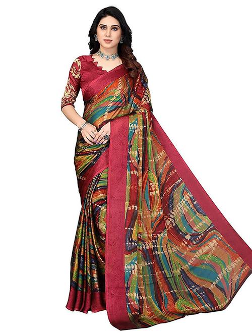 maroon chiffon printed saree with blouse - 20357666 - Very Small Image - 1