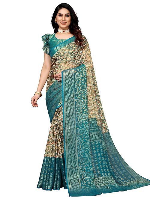 beige colored printed saree with blouse - 20357691 - Very Small Image - 1