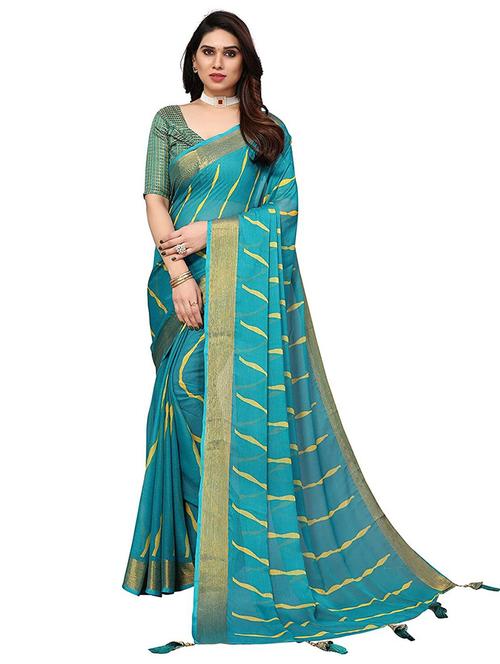 turquoise colored printed saree with blouse - 20357725 - Very Small Image - 1