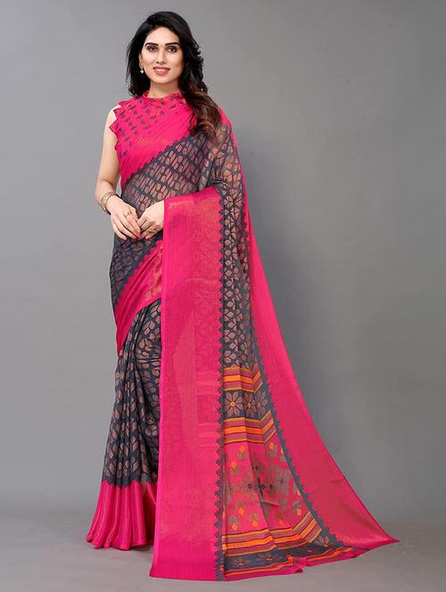 women grey printed chiffon saree with blouse - 20357739 - Very Small Image - 1