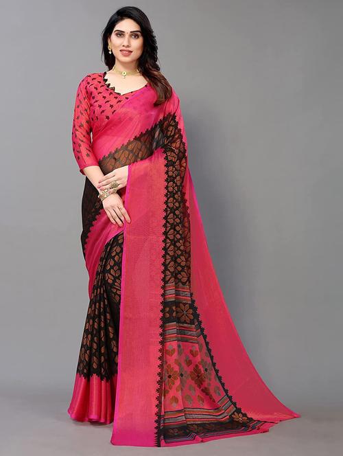 black colored printed saree with blouse - 20357742 - Very Small Image - 1
