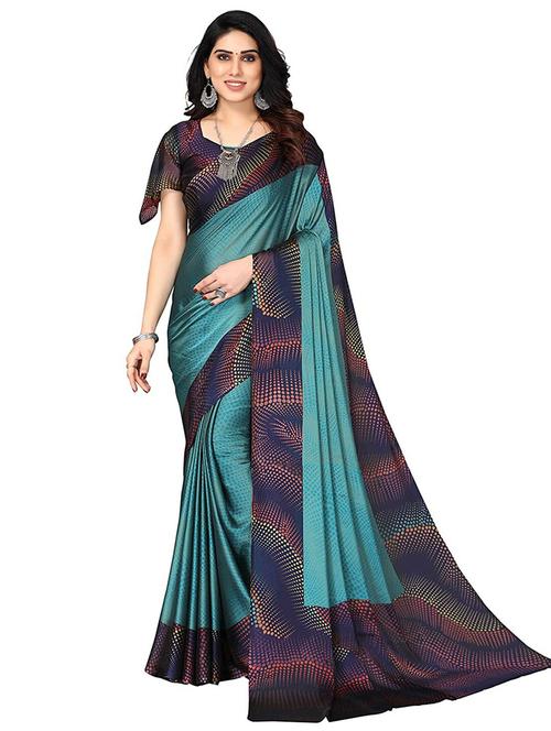 teal colored printed saree with blouse - 20357746 - Very Small Image - 1