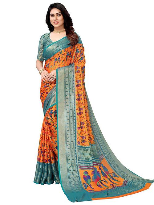 orange colored printed saree with blouse - 20357762 - Very Small Image - 1