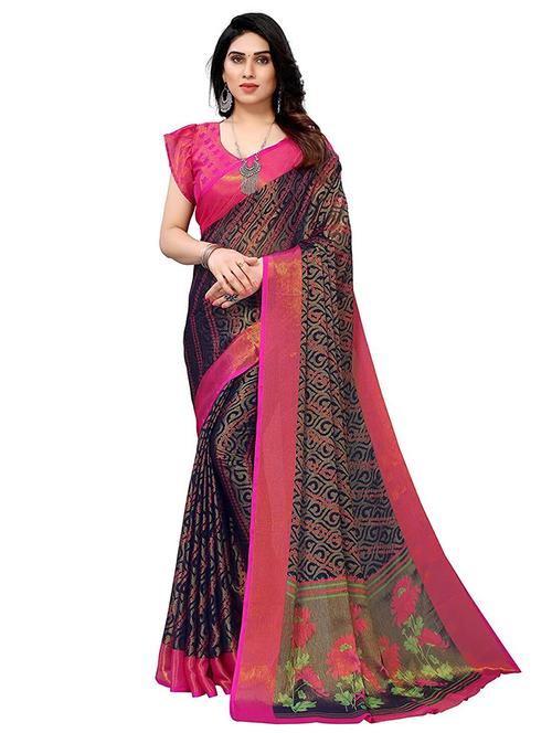 navy blue colored printed saree with blouse - 20357771 - Very Small Image - 1