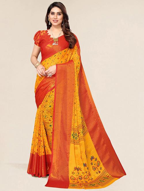 orange colored printed saree with blouse - 20357775 - Very Small Image - 1