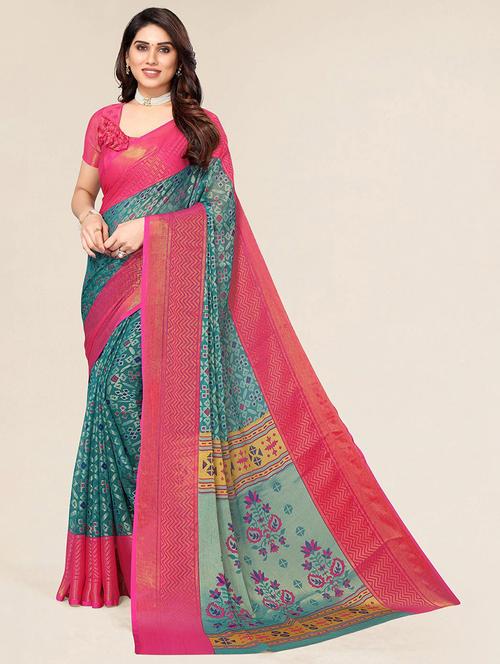turquoise colored printed saree with blouse - 20357777 - Very Small Image - 1