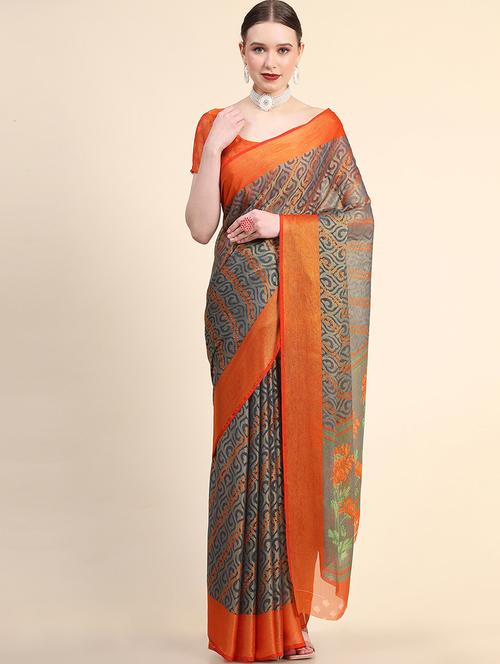 grey colored printed saree with blouse - 20357967 - Very Small Image - 1