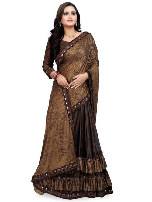 women brown printed lace work saree with blouse - 20357987 - Very Small Image - 1