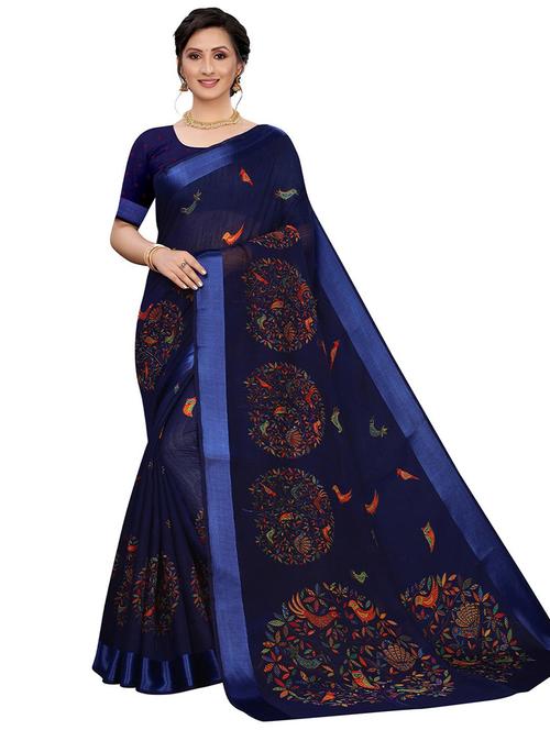 navy blue colored printed saree with blouse - 20358009 - Very Small Image - 1