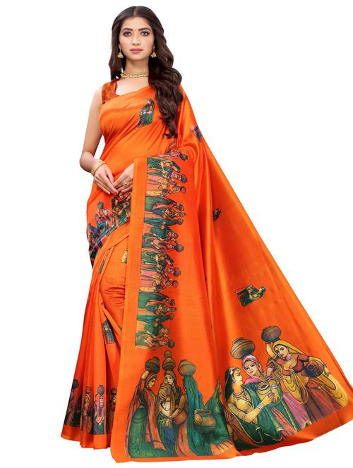 orange colored printed saree - 20358149 - Very Small Image - 1