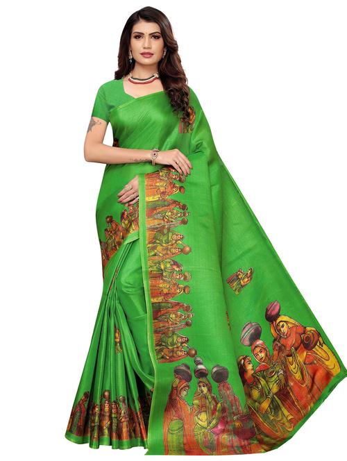 green art silk printed saree with blouse - 20358153 - Very Small Image - 1