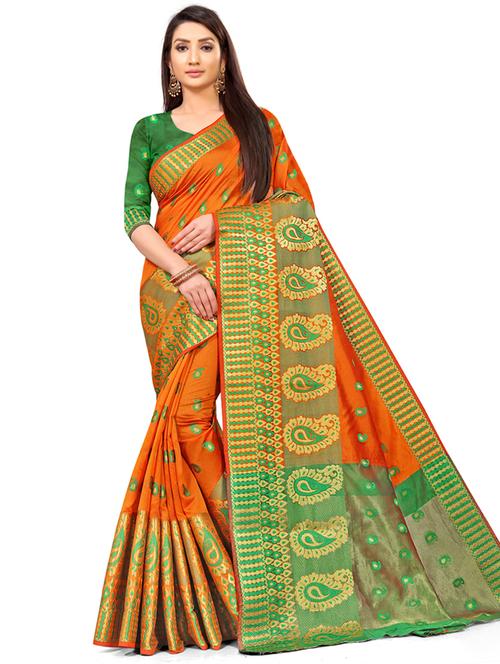 orange colored banarasi saree with blouse - 20358276 - Very Small Image - 1