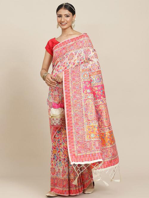 women cream handloom saree with blouse - 20358475 - Very Small Image - 1