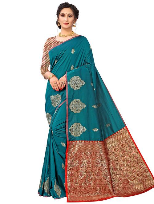 teal colored banarasi saree with blouse - 20358566 - Very Small Image - 1