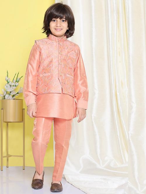 peach solid with work kurta set - 20359594 - Very Small Image - 1