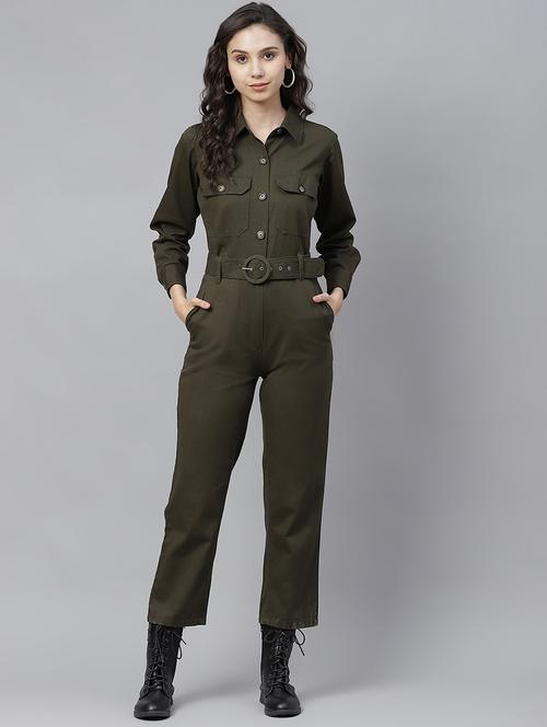olive solid shirt collar full length jumpsuit - 20360161 - Very Small Image - 1