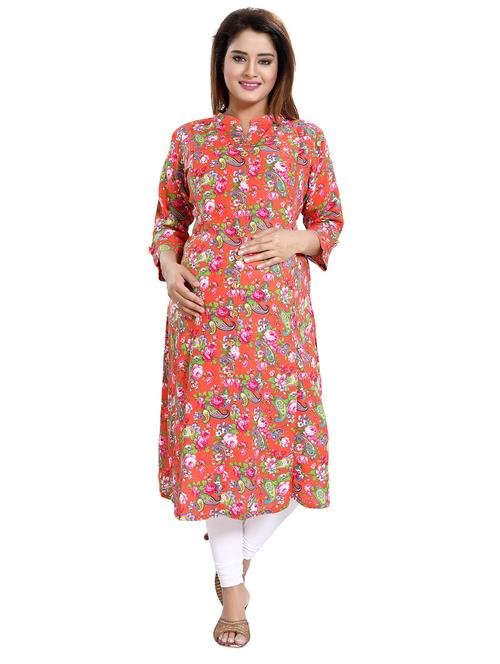orange floral printed maternity wear kurta - 20361059 - Very Small Image - 1