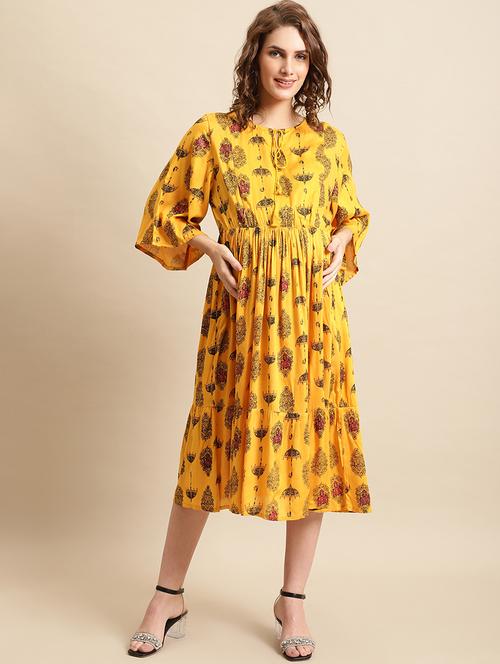 yellow printed rayon maternity wear dress - 20362384 - Very Small Image - 1