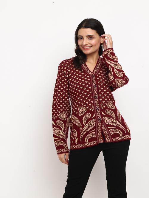 women's red cotton wool jacquard cardigan - 20362828 - Very Small Image - 1