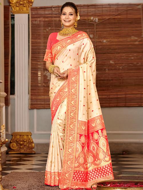 cream colored banarasi saree - 20363417 - Very Small Image - 1