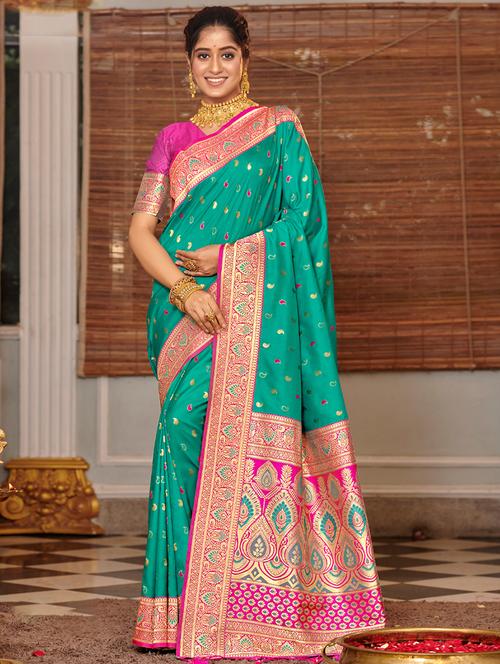 turquoise colored banarasi saree - 20363418 - Very Small Image - 1