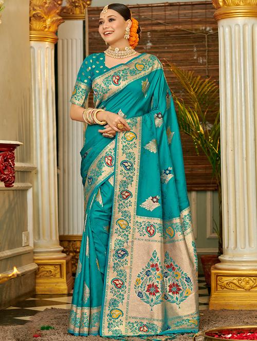 turquoise colored banarasi saree - 20363424 - Very Small Image - 1