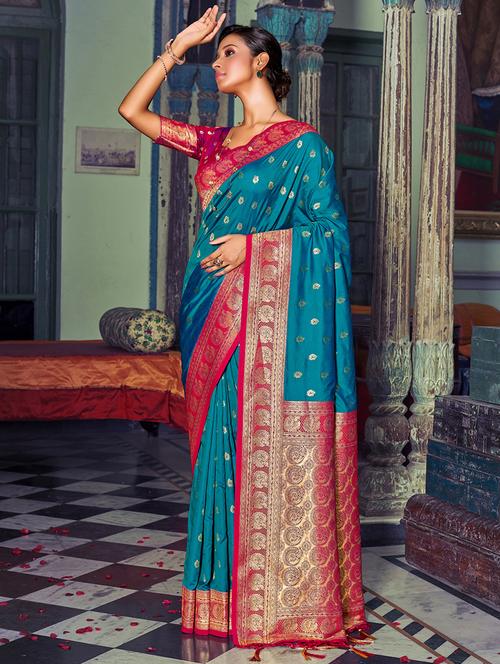 turquoise colored banarasi saree with blouse - 20363512 - Very Small Image - 1